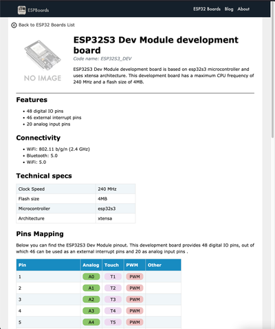Скриншот страницы модуля разработки ESP32-S3